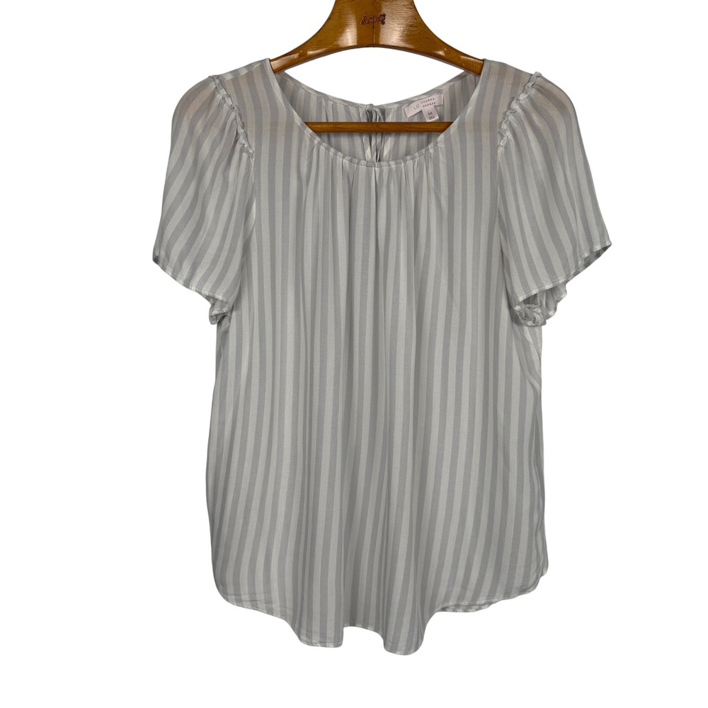 LC Lauren Conrad Striped Short‎ Sleeve Tie Back Blouse Size M Gray White Rayon